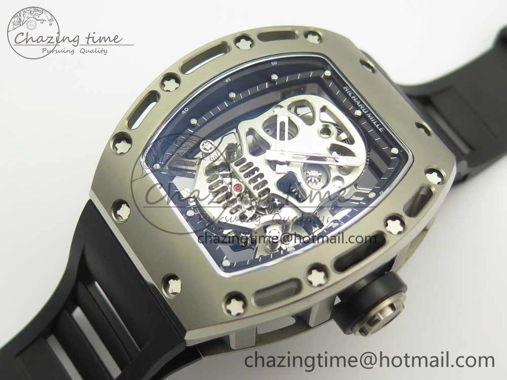 RM052 Titanium Real Tourbillon EURF Best Edition Skeleton Skull Dial on Black Rubber Strap