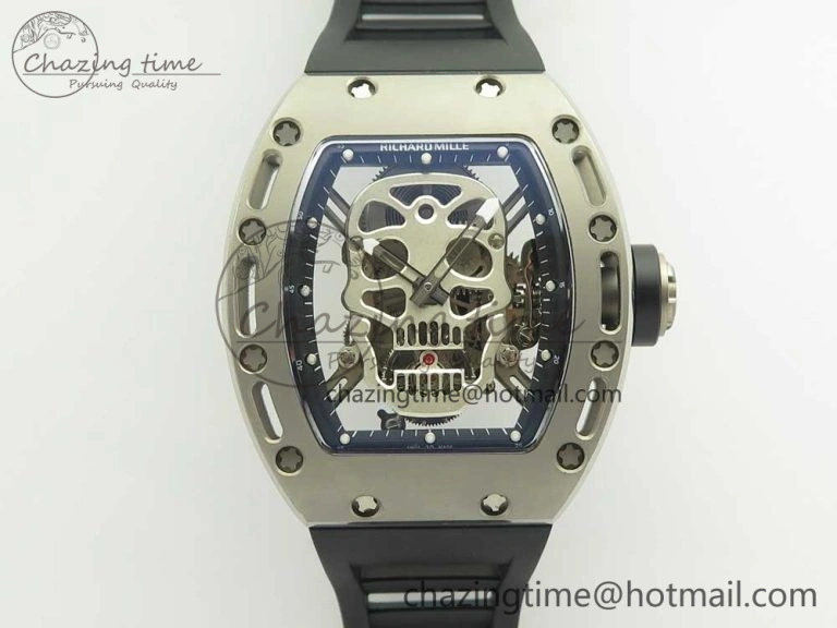 RM052 Titanium Real Tourbillon EURF Best Edition Skeleton Skull Dial on Black Rubber Strap