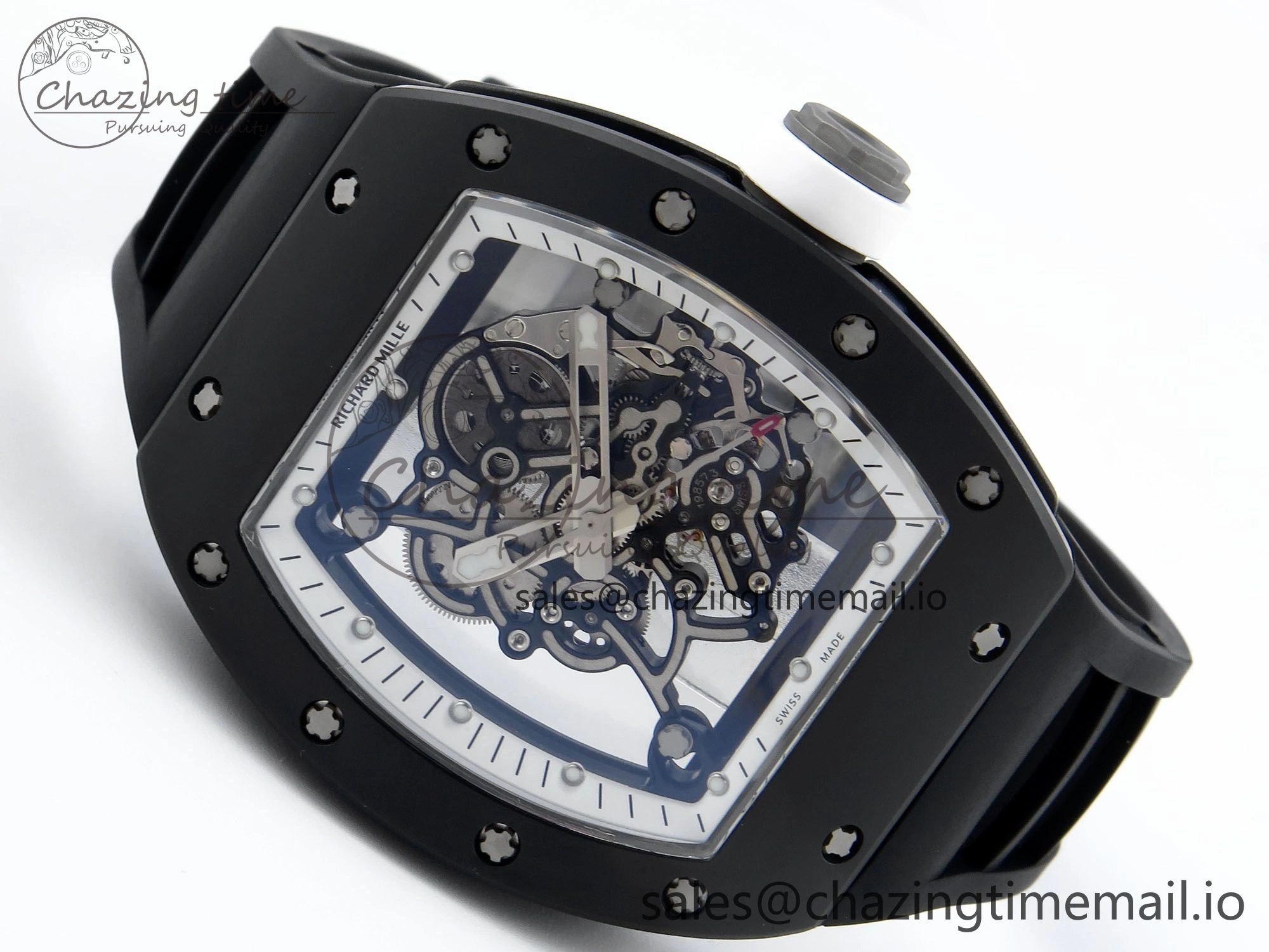 RM055 Black Ceramic RMF Best Edition White Skeleton Dial On Black Rubber Strap RMUL2 Super Clone