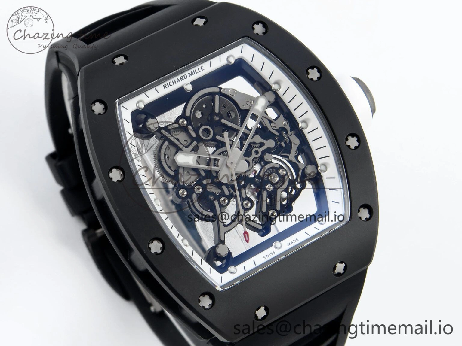 RM055 Black Ceramic RMF Best Edition White Skeleton Dial On Black Rubber Strap RMUL2 Super Clone