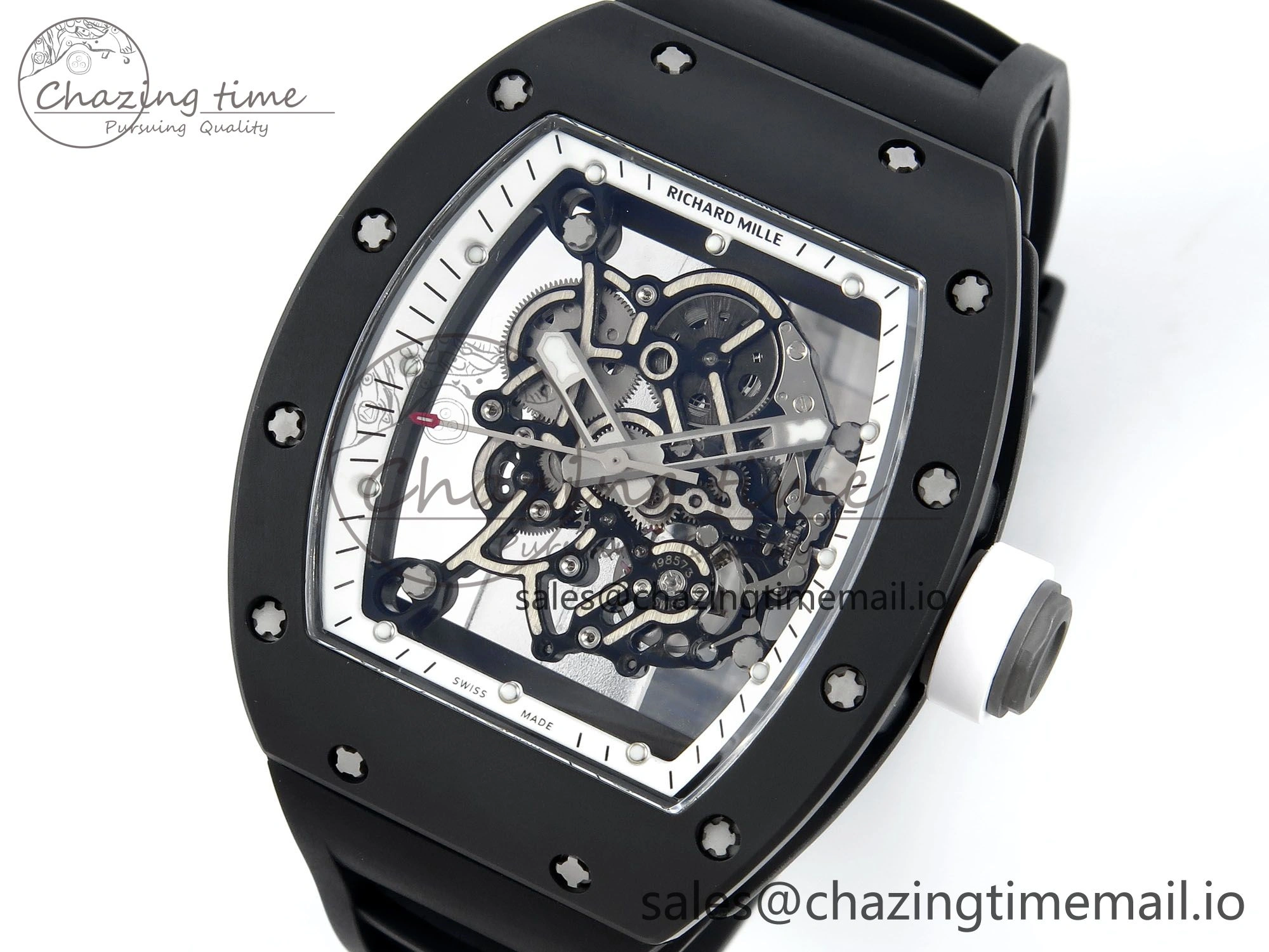 RM055 Black Ceramic RMF Best Edition White Skeleton Dial On Black Rubber Strap RMUL2 Super Clone