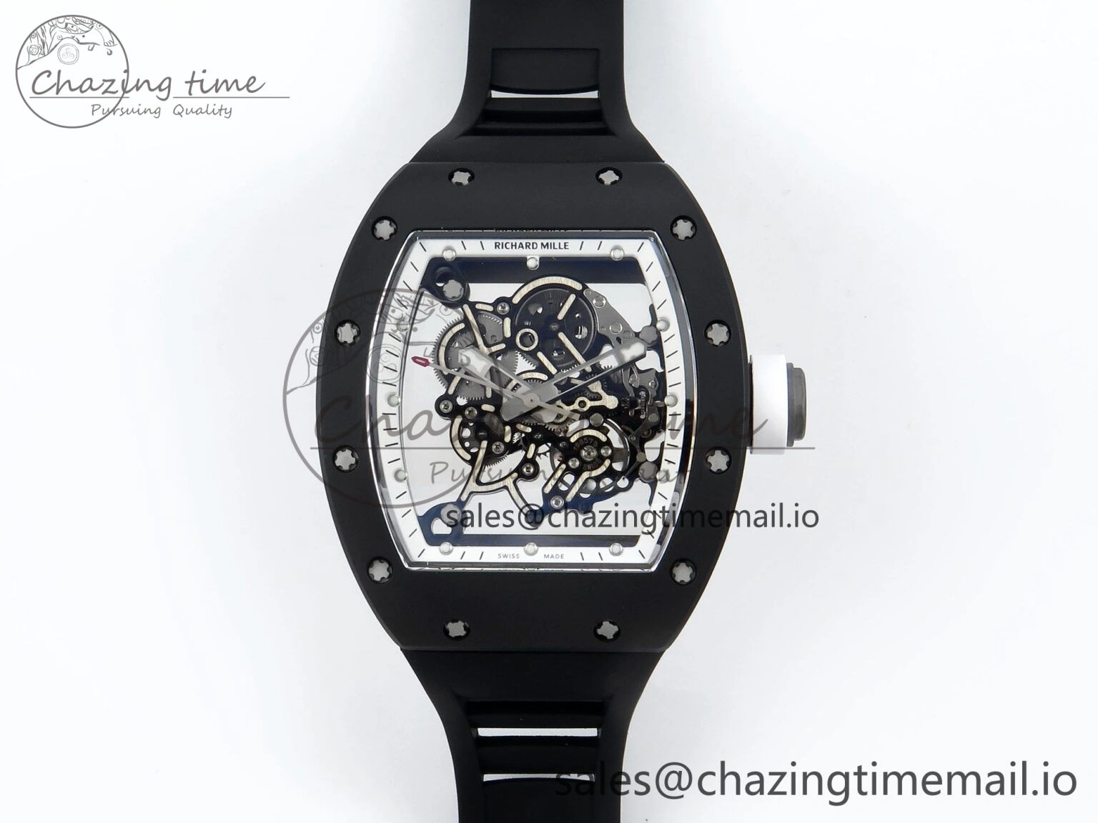 RM055 Black Ceramic RMF Best Edition White Skeleton Dial On Black Rubber Strap RMUL2 Super Clone