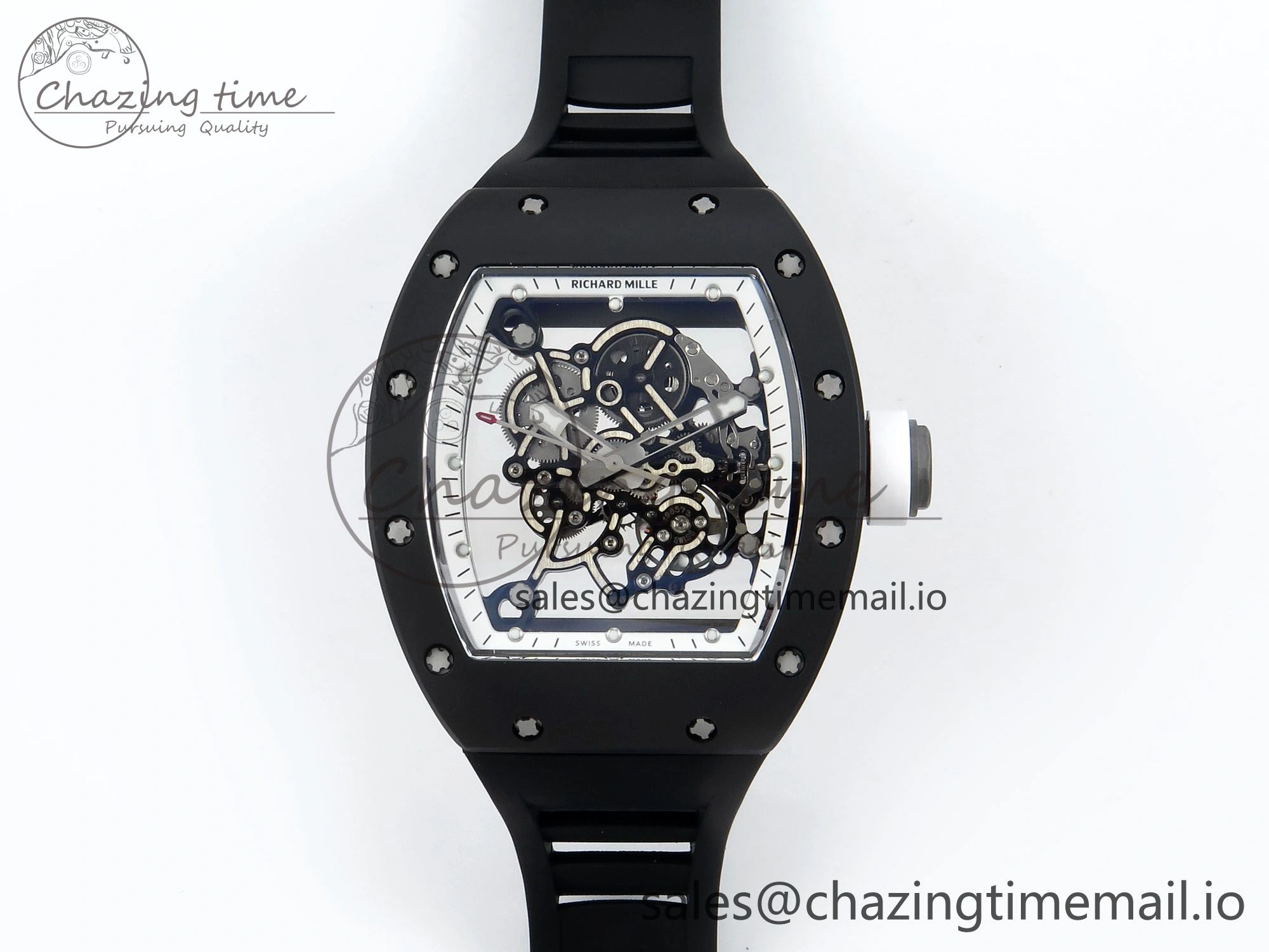 RM055 Black Ceramic RMF Best Edition White Skeleton Dial On Black Rubber Strap RMUL2 Super Clone