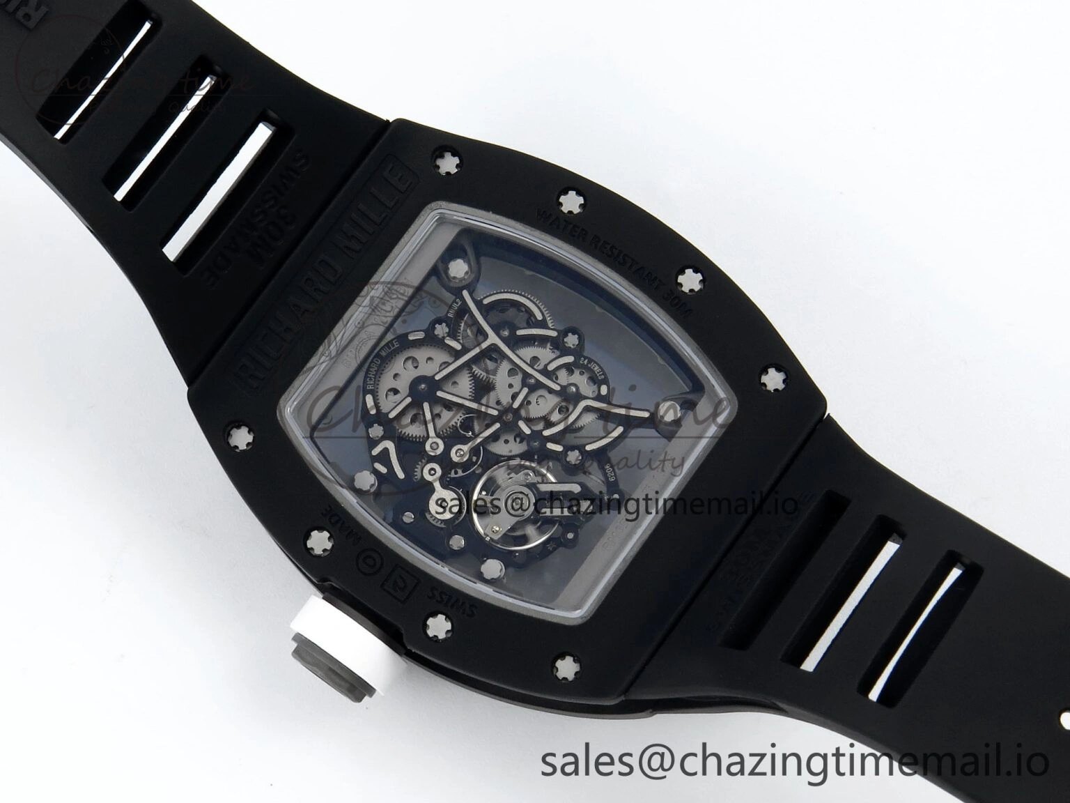 RM055 Black Ceramic RMF Best Edition White Skeleton Dial On Black Rubber Strap RMUL2 Super Clone