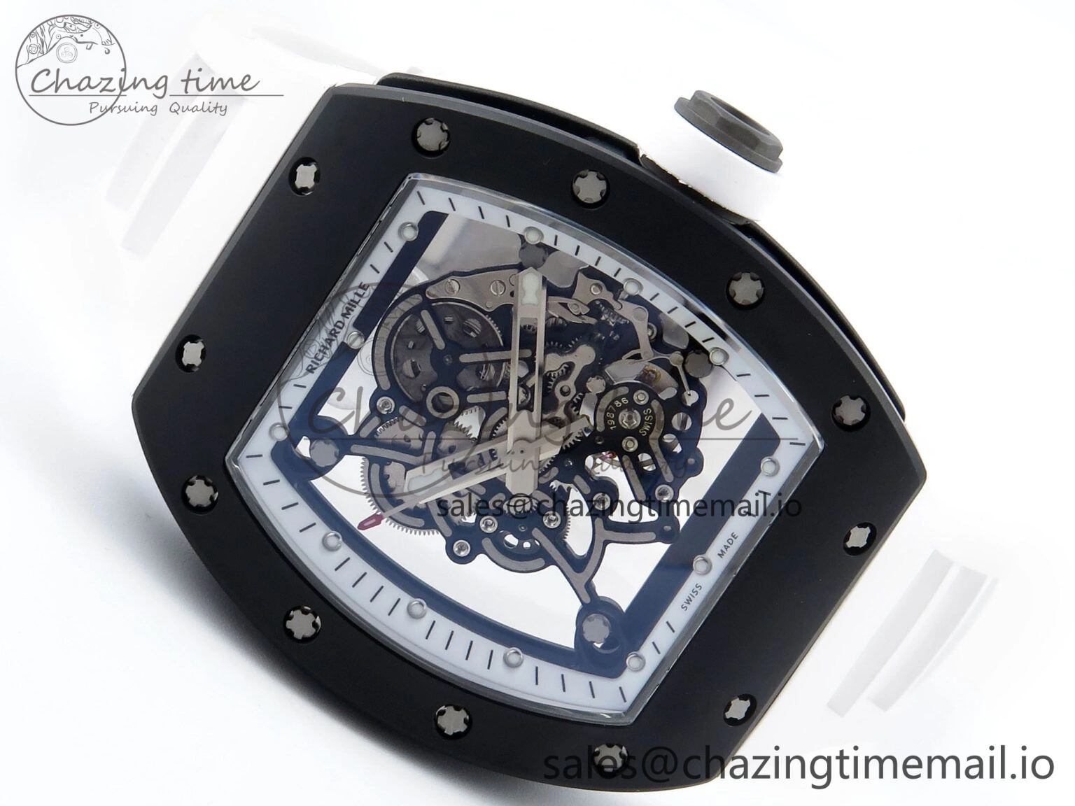 RM055 Black Ceramic RMF Best Edition White Skeleton Dial On White Rubber Strap RMUL2 Super Clone