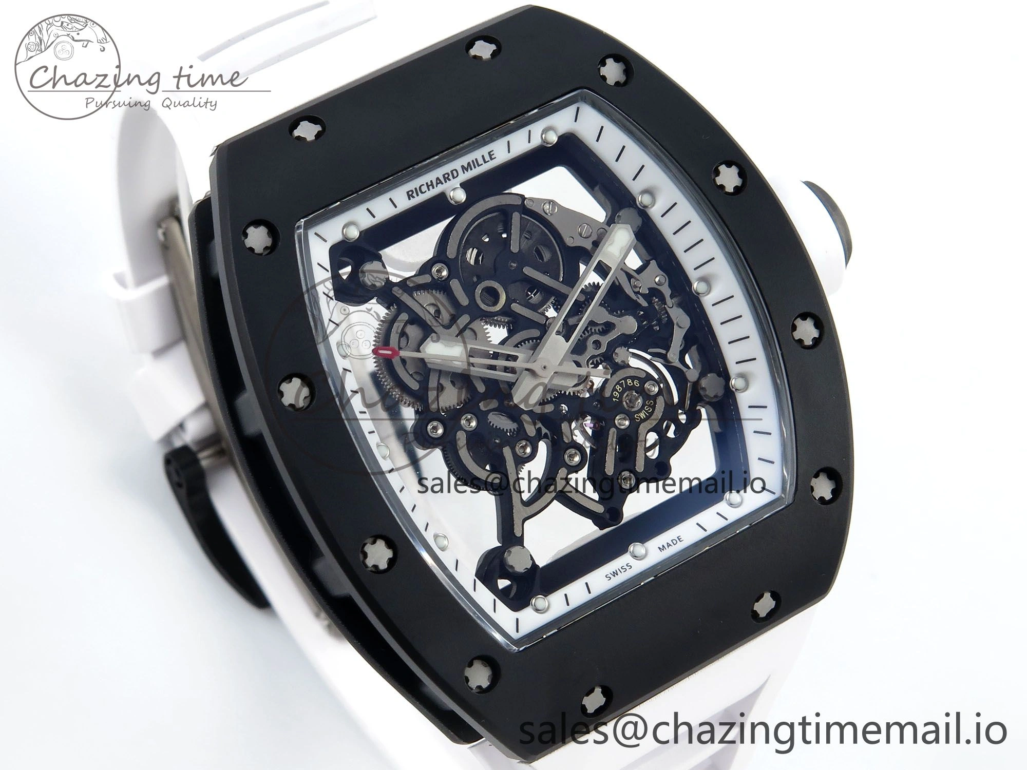 RM055 Black Ceramic RMF Best Edition White Skeleton Dial On White Rubber Strap RMUL2 Super Clone