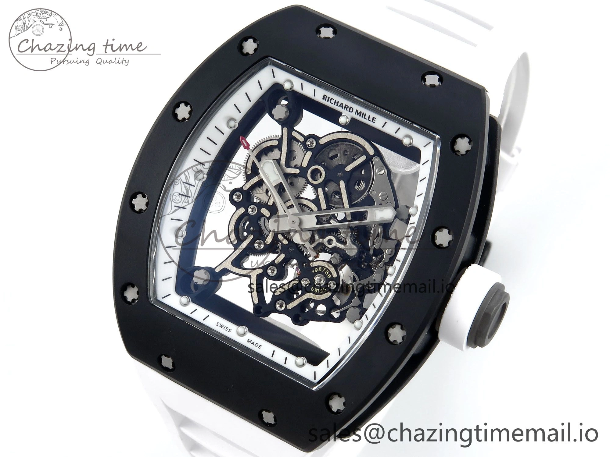 RM055 Black Ceramic RMF Best Edition White Skeleton Dial On White Rubber Strap RMUL2 Super Clone