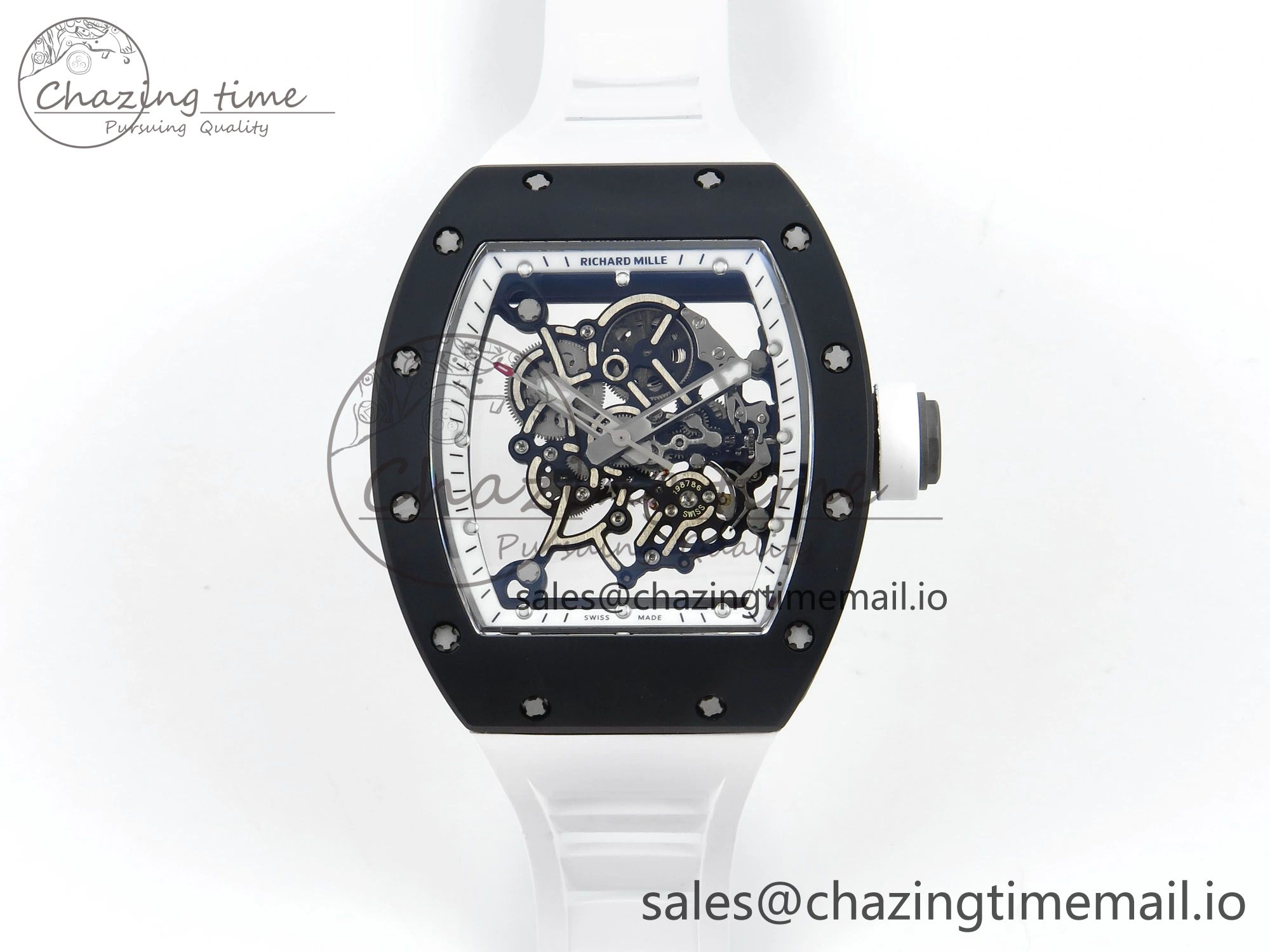 RM055 Black Ceramic RMF Best Edition White Skeleton Dial On White Rubber Strap RMUL2 Super Clone