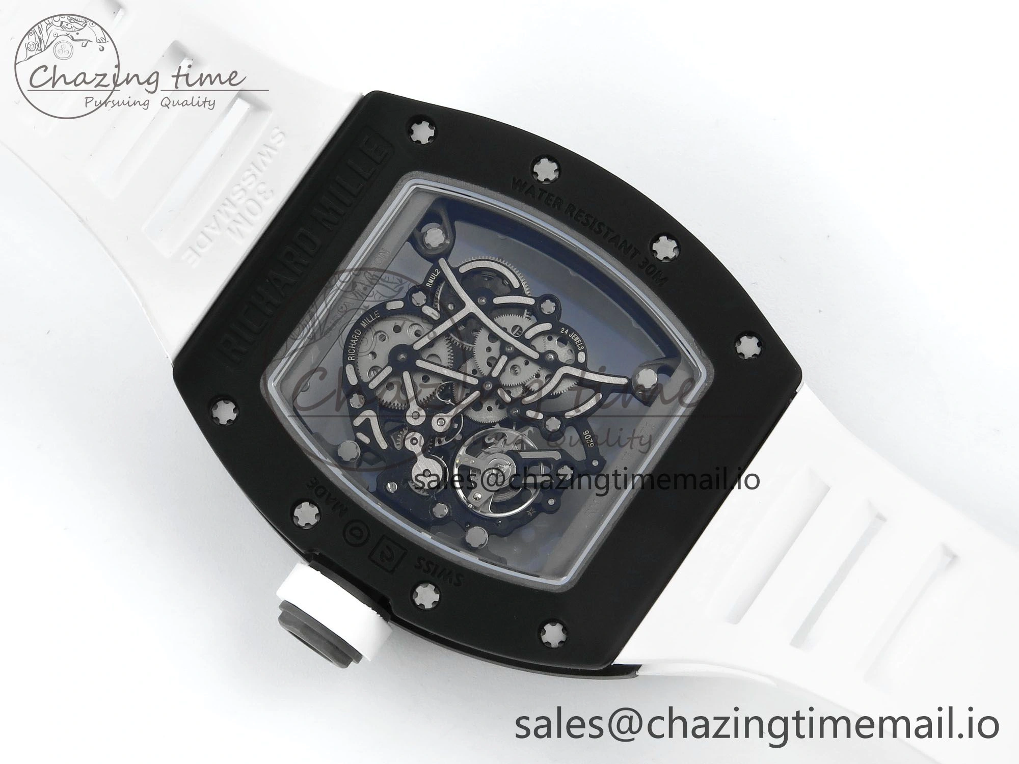 RM055 Black Ceramic RMF Best Edition White Skeleton Dial On White Rubber Strap RMUL2 Super Clone