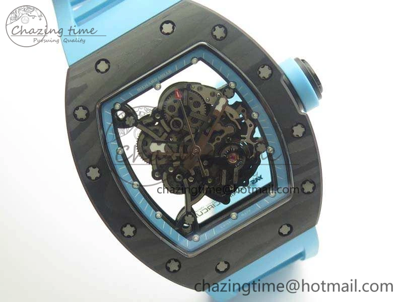 RM055 Carbon Case KVF Best Edition Skeleton Dial Blue Crown On Blue Rubber Strap MIYOTA8215
