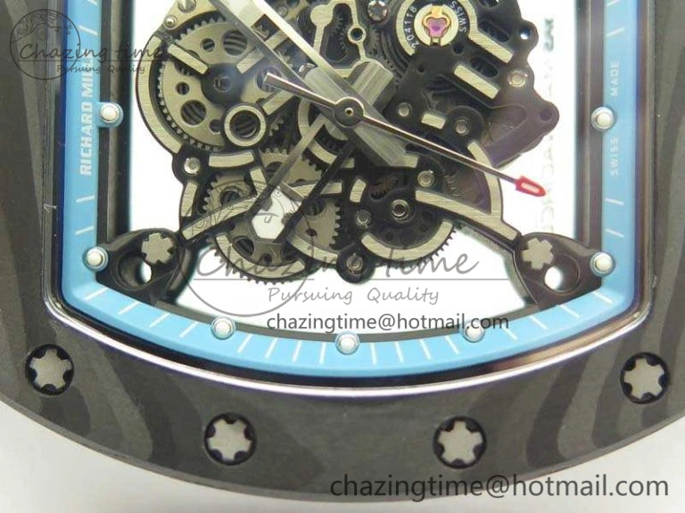 RM055 Carbon Case KVF Best Edition Skeleton Dial Blue Crown On Rubber Strap MIYOTA8215