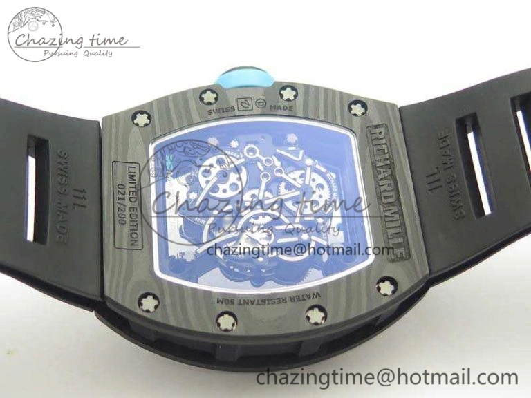 RM055 Carbon Case KVF Best Edition Skeleton Dial Blue Crown On Rubber Strap MIYOTA8215