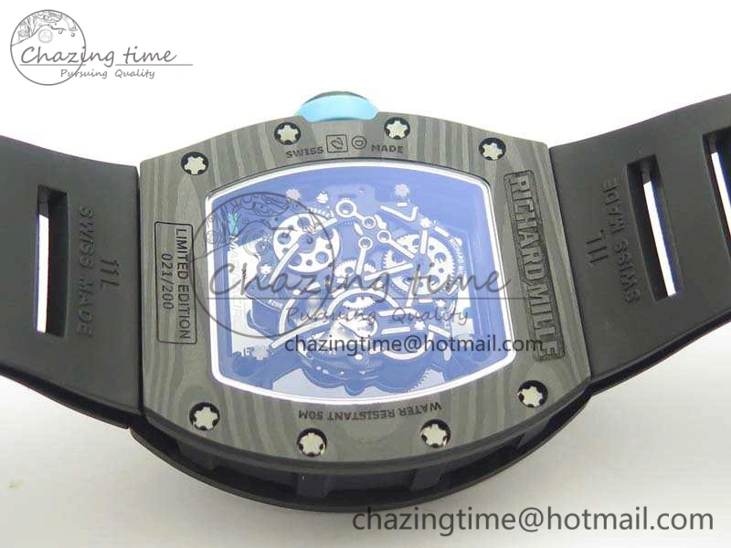 RM055 Carbon Case KVF Best Edition Skeleton Dial Blue Crown On Rubber Strap MIYOTA8215