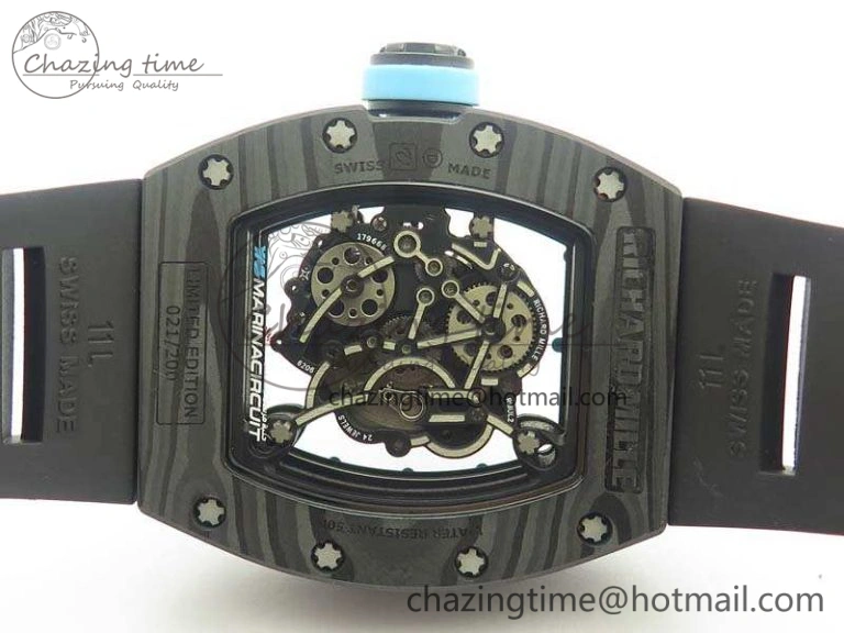 RM055 Carbon Case KVF Best Edition Skeleton Dial Blue Crown On Rubber Strap MIYOTA8215