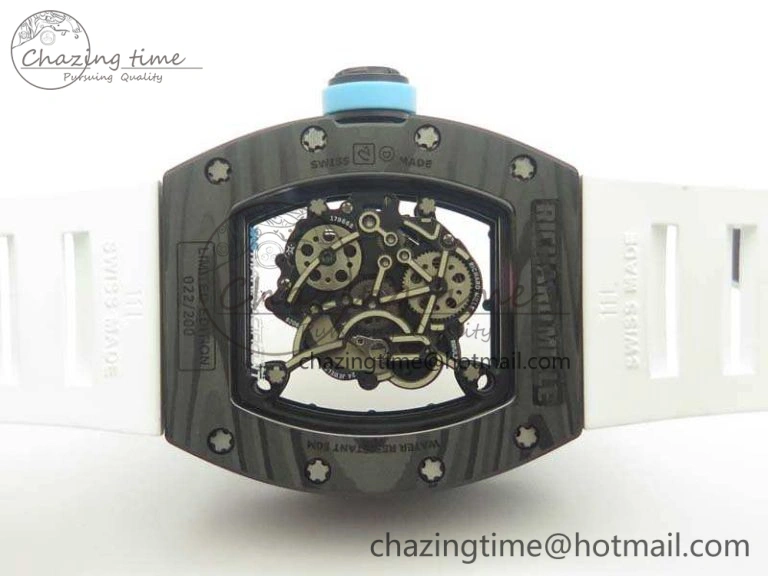 RM055 Carbon Case KVF Best Edition Skeleton Dial Blue Crown On White Rubber Strap MIYOTA8215