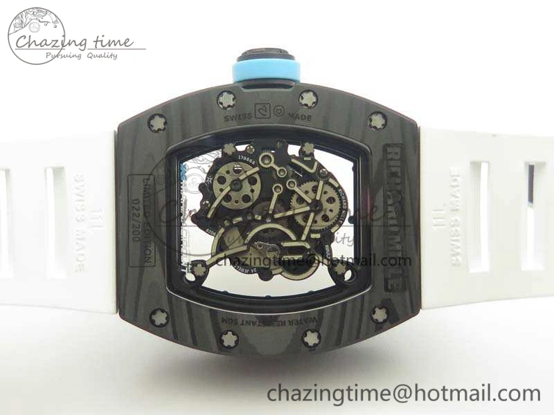 RM055 Carbon Case KVF Best Edition Skeleton Dial Blue Crown On White Rubber Strap MIYOTA8215
