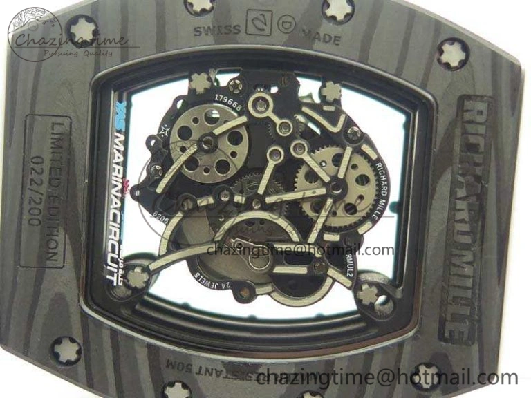 RM055 Carbon Case KVF Best Edition Skeleton Dial Blue Crown On White Rubber Strap MIYOTA8215