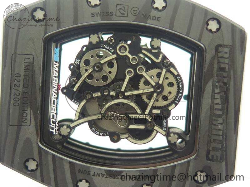 RM055 Carbon Case KVF Best Edition Skeleton Dial Blue Crown On White Rubber Strap MIYOTA8215