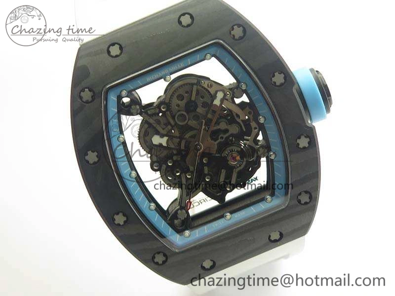 RM055 Carbon Case KVF Best Edition Skeleton Dial Blue Crown On White Rubber Strap MIYOTA8215