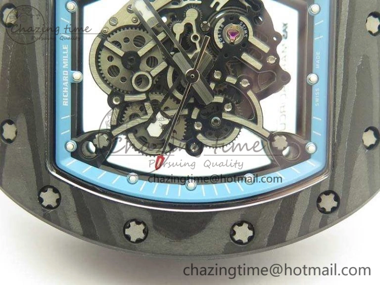 RM055 Carbon Case KVF Best Edition Skeleton Dial Blue Crown On White Rubber Strap MIYOTA8215