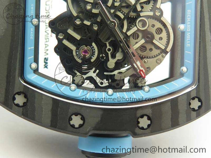 RM055 Carbon Case KVF Best Edition Skeleton Dial Blue Crown On White Rubber Strap MIYOTA8215