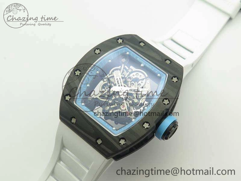 RM055 Carbon Case KVF Best Edition Skeleton Dial Blue Crown On White Rubber Strap MIYOTA8215