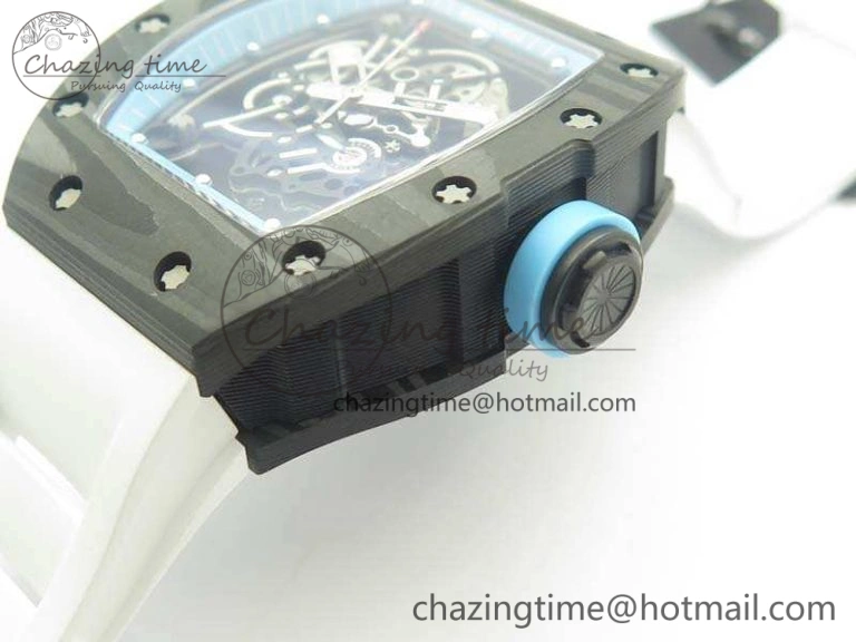 RM055 Carbon Case KVF Best Edition Skeleton Dial Blue Crown On White Rubber Strap MIYOTA8215