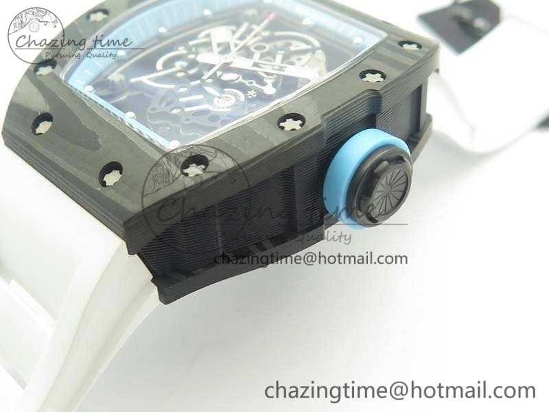 RM055 Carbon Case KVF Best Edition Skeleton Dial Blue Crown On White Rubber Strap MIYOTA8215