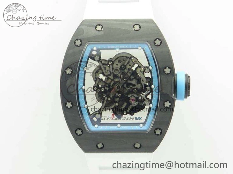 RM055 Carbon Case KVF Best Edition Skeleton Dial Blue Crown On White Rubber Strap MIYOTA8215
