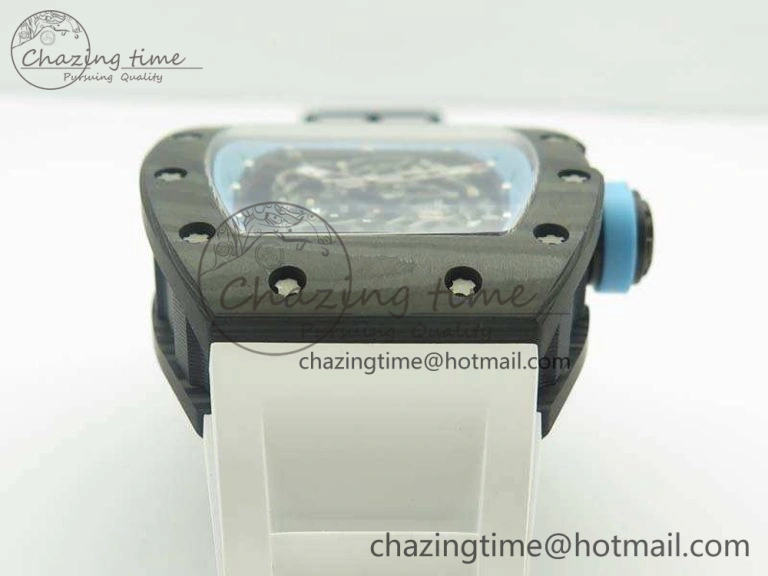 RM055 Carbon Case KVF Best Edition Skeleton Dial Blue Crown On White Rubber Strap MIYOTA8215