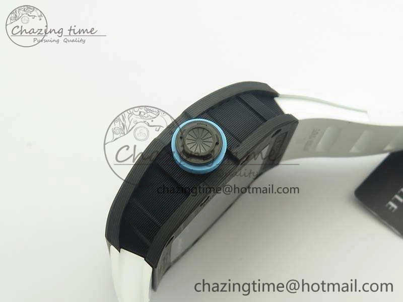RM055 Carbon Case KVF Best Edition Skeleton Dial Blue Crown On White Rubber Strap MIYOTA8215