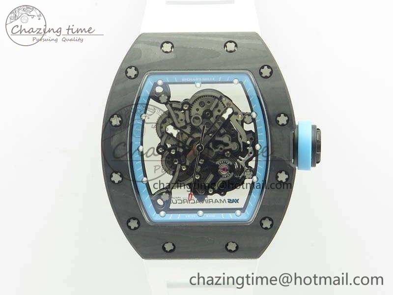 RM055 Carbon Case KVF Best Edition Skeleton Dial Blue Crown On White Rubber Strap MIYOTA8215