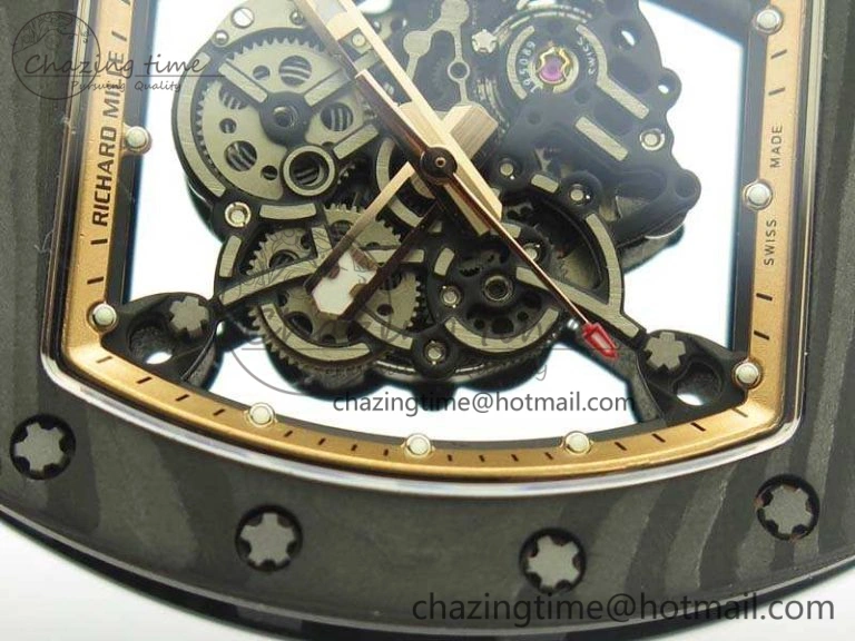 RM055 Carbon Case KVF Best Edition Skeleton Dial Gold Inner Bezel On Rubber Strap MIYOTA8215