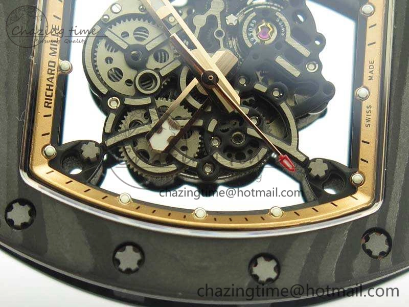 RM055 Carbon Case KVF Best Edition Skeleton Dial Gold Inner Bezel On Rubber Strap MIYOTA8215