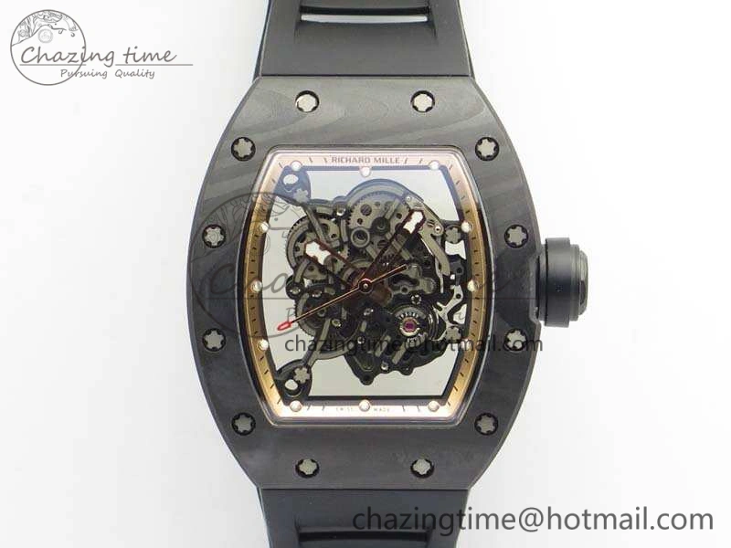RM055 Forged Carbon Case KVF Best Edition Skeleton Dial Black Crown On Rubber Strap MIYOTA8215