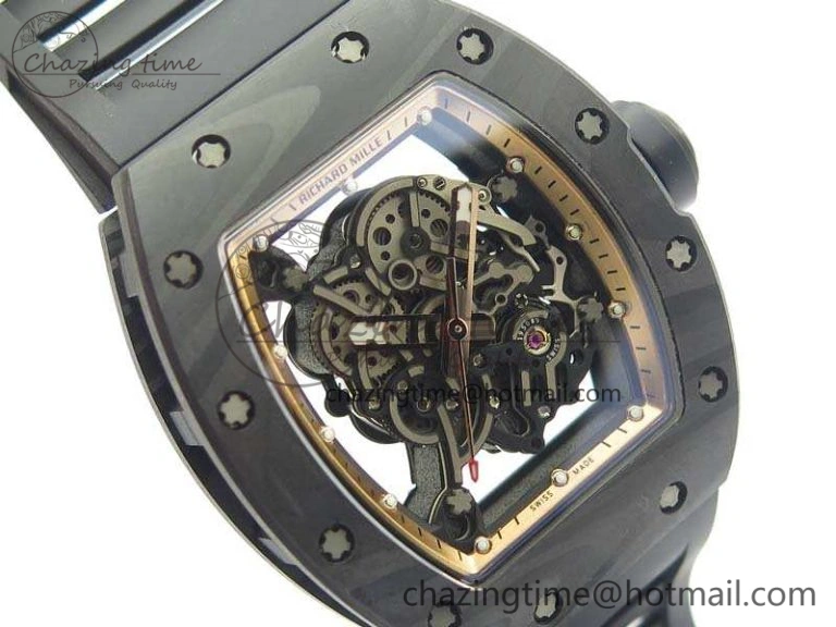 RM055 Forged Carbon Case KVF Best Edition Skeleton Dial Black Crown On Rubber Strap MIYOTA8215