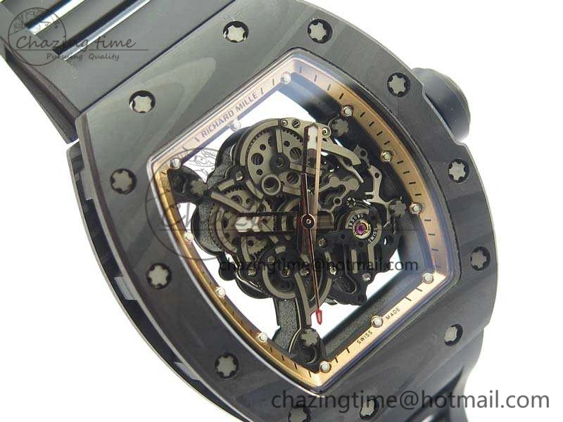 RM055 Forged Carbon Case KVF Best Edition Skeleton Dial Black Crown On Rubber Strap MIYOTA8215