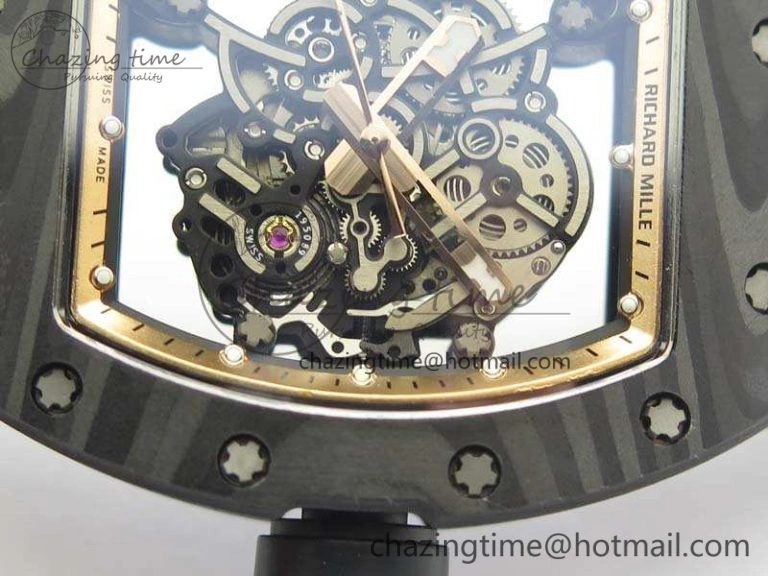 RM055 Forged Carbon Case KVF Best Edition Skeleton Dial Black Crown On Rubber Strap MIYOTA8215