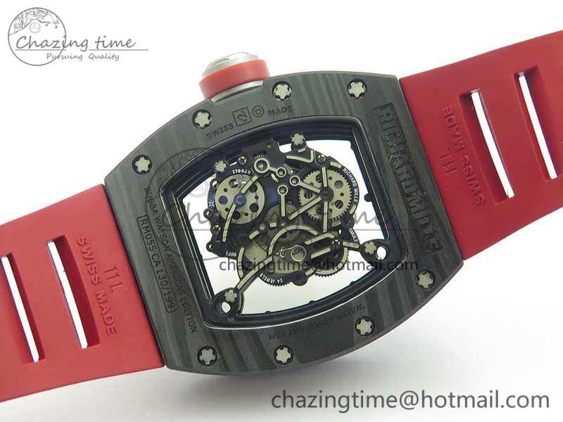 RM055 Forged Carbon Case KVF Best Edition Skeleton Dial Red Crown On Rubber Strap MIYOTA8215