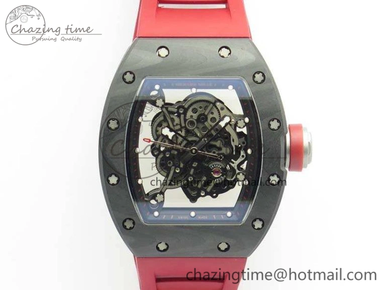 RM055 Forged Carbon Case KVF Best Edition Skeleton Dial Red Crown On Rubber Strap MIYOTA8215