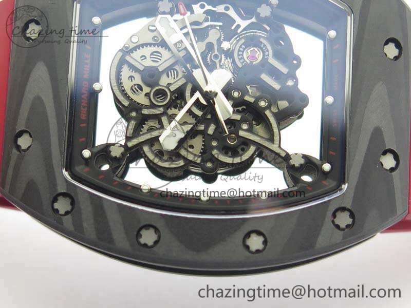 RM055 Forged Carbon Case KVF Best Edition Skeleton Dial Red Crown On Rubber Strap MIYOTA8215