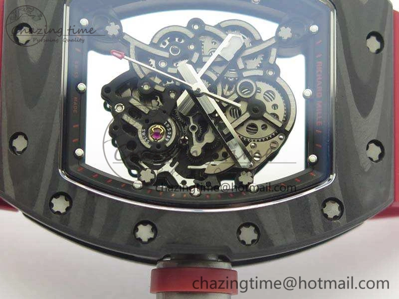 RM055 Forged Carbon Case KVF Best Edition Skeleton Dial Red Crown On Rubber Strap MIYOTA8215