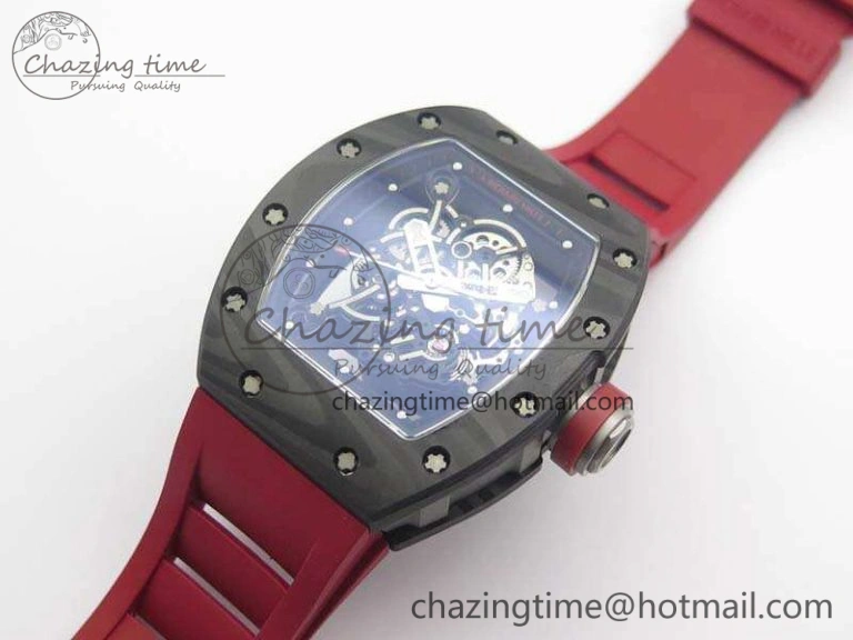 RM055 Forged Carbon Case KVF Best Edition Skeleton Dial Red Crown On Rubber Strap MIYOTA8215