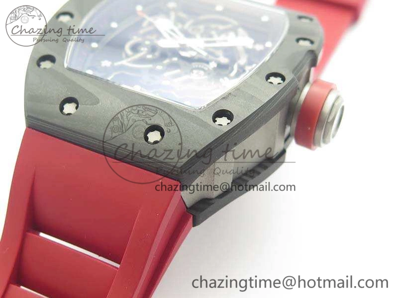 RM055 Forged Carbon Case KVF Best Edition Skeleton Dial Red Crown On Rubber Strap MIYOTA8215
