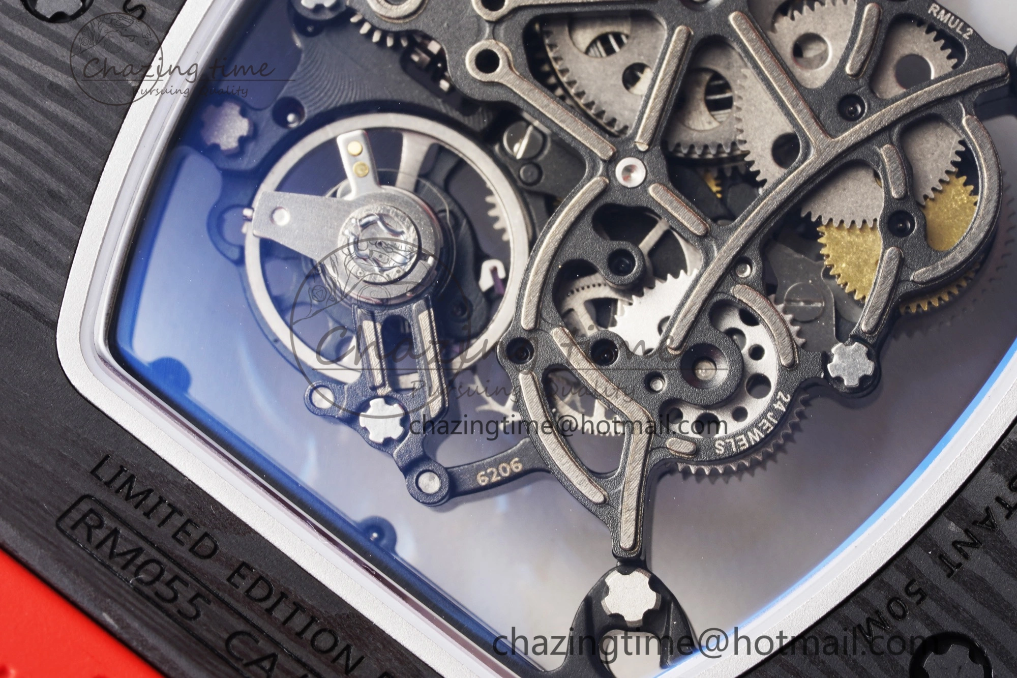RM055 NTPT BBR Best Edition Skeleton Black Dial on Red Rubber Strap Clone RMUL2 V2