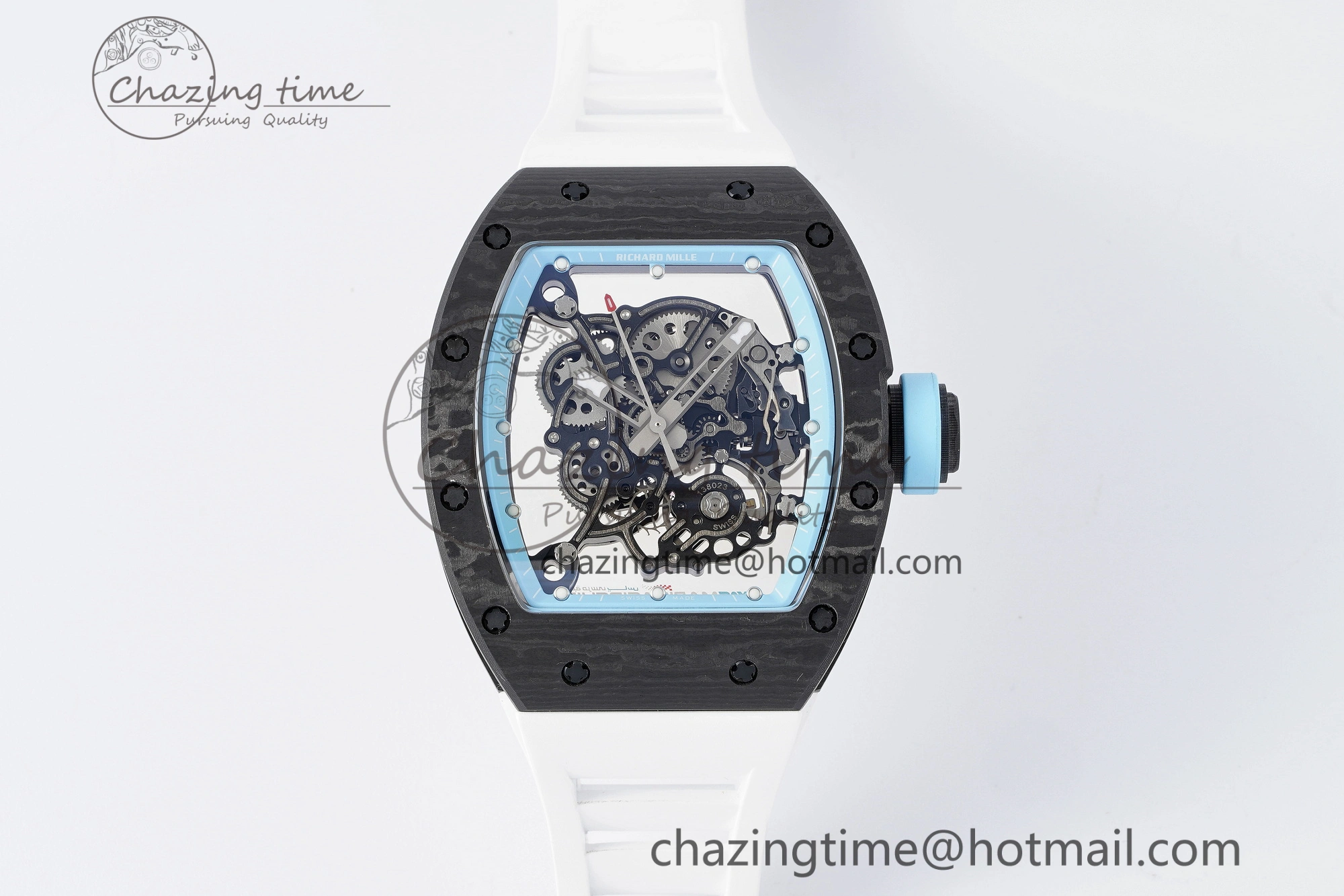 RM055 NTPT BBR Best Edition Skeleton Blue Dial on White Rubber Strap Clone RMUL2