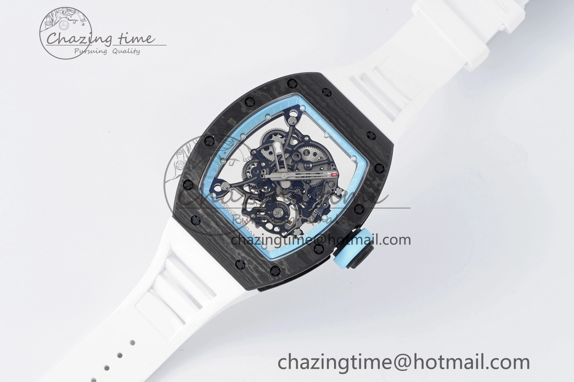 RM055 NTPT BBR Best Edition Skeleton Blue Dial on White Rubber Strap Clone RMUL2