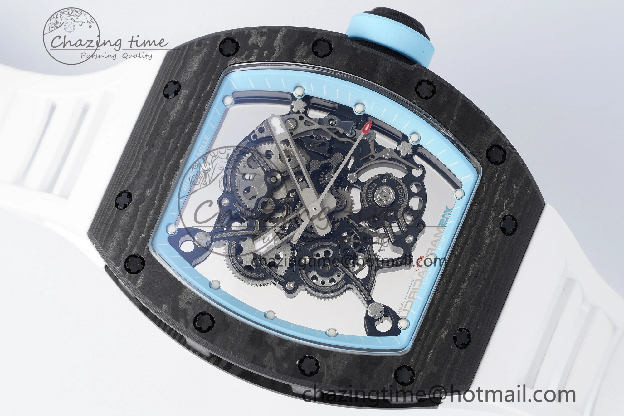 RM055 NTPT BBR Best Edition Skeleton Blue Dial on White Rubber Strap Clone RMUL2