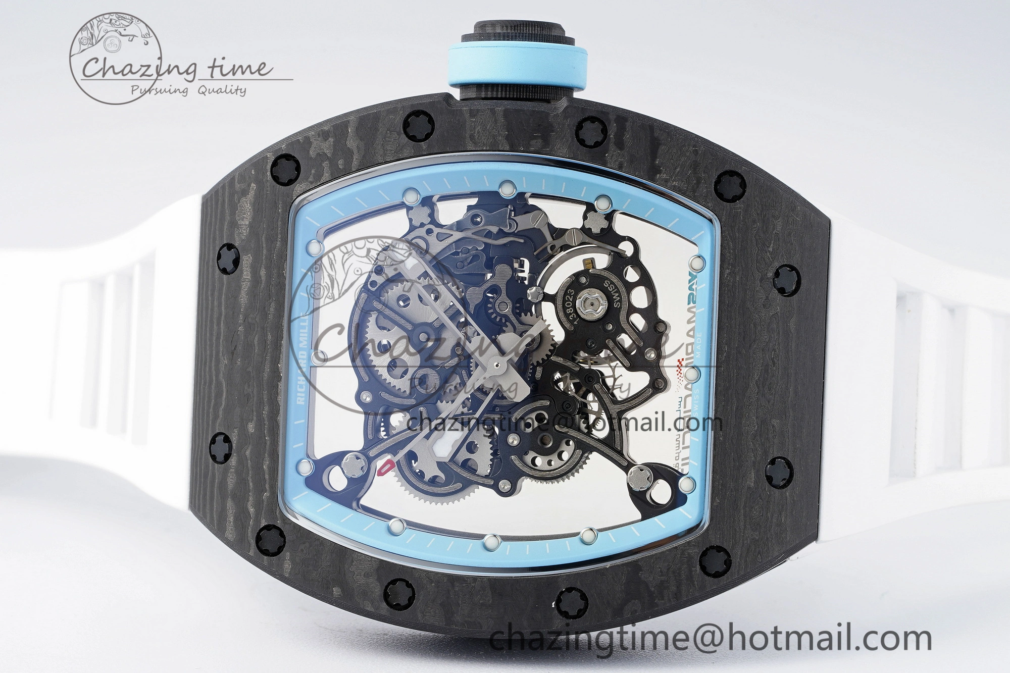 RM055 NTPT BBR Best Edition Skeleton Blue Dial on White Rubber Strap Clone RMUL2