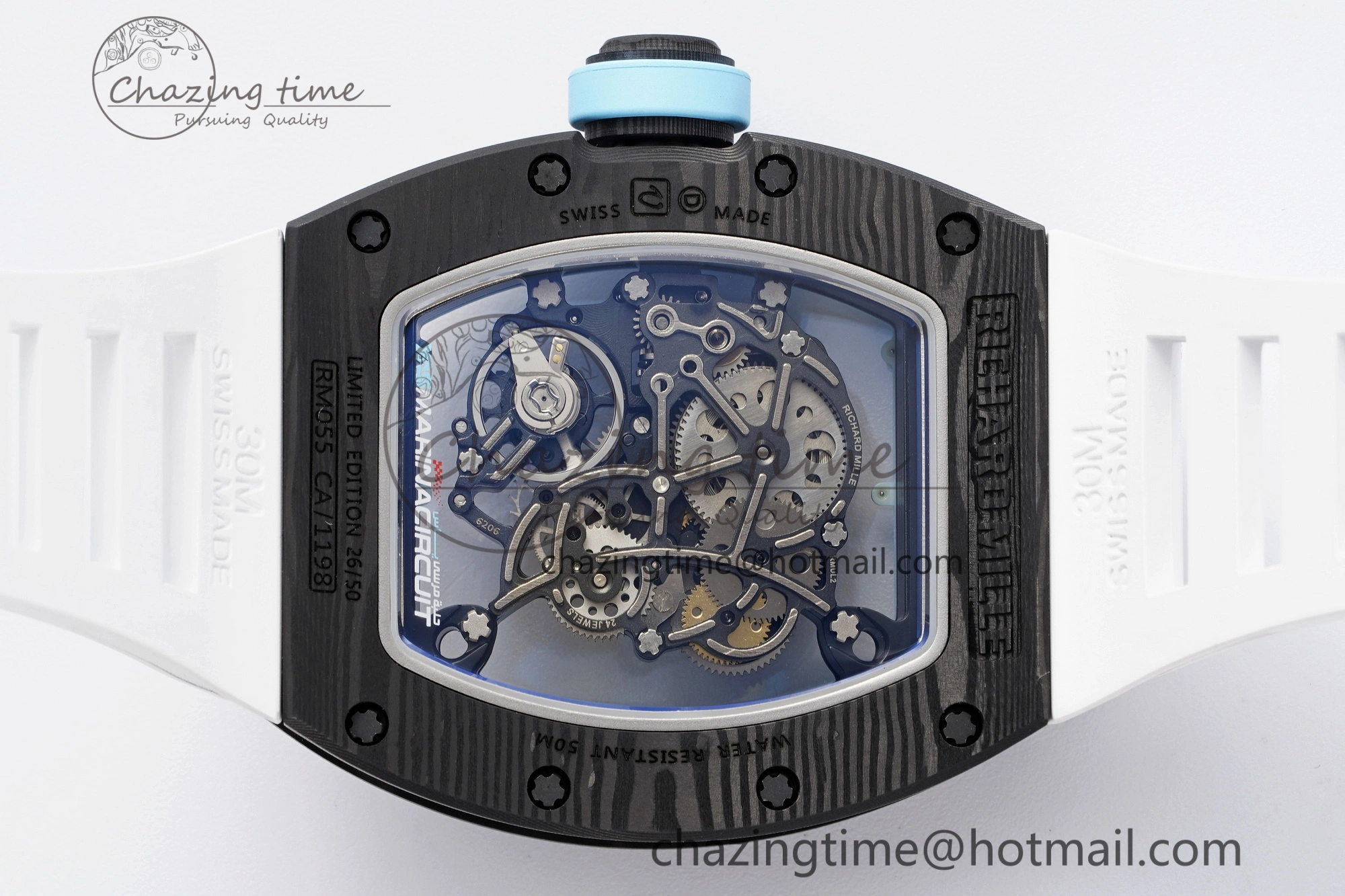 RM055 NTPT BBR Best Edition Skeleton Blue Dial on White Rubber Strap Clone RMUL2